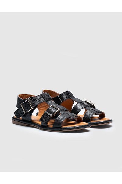 Cabani Genuine Leather Black Buckle Women's Flat Sandals