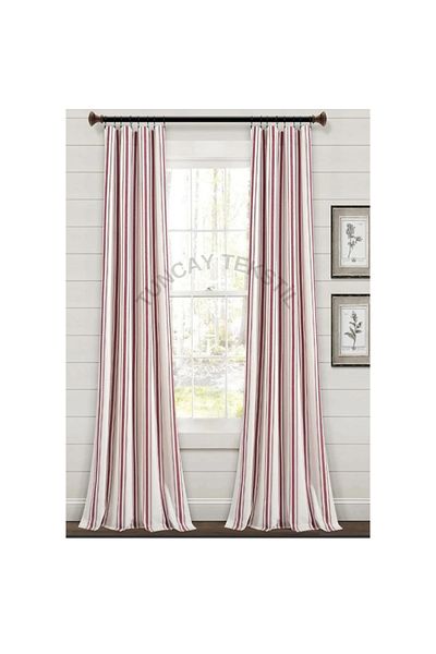 TUNCAY TEKSTİL Red Striped 100% Cotton Linen Curtain