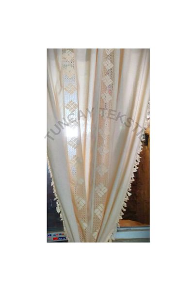 TUNCAY TEKSTİL Bohemian Linen Cotton Curtain - Semi Blackout, Square Lace, Width X-length Shape