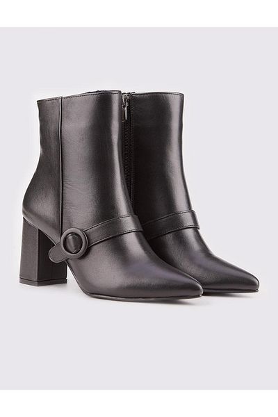 Cabani Genuine Leather Buckle Detailed Black Zippered Women's Heeled Boots