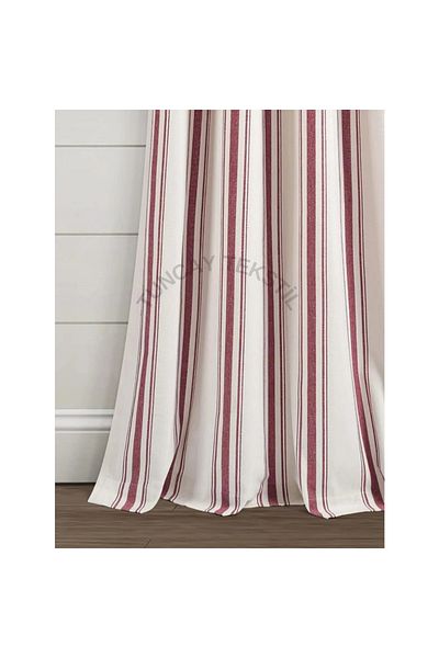 TUNCAY TEKSTİL Red Striped 100% Cotton Linen Curtain