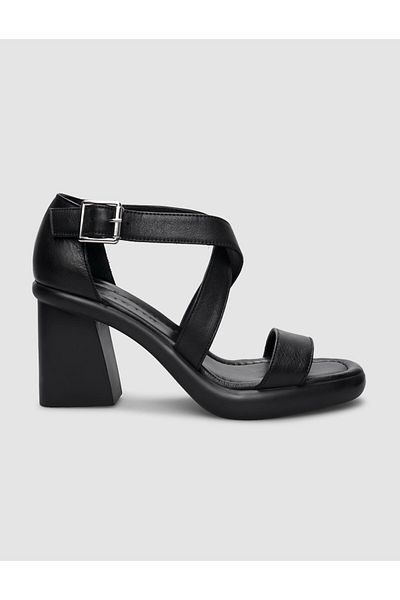 Cabani Black Genuine Leather Women's Heeled Sandals - 100% Buckle