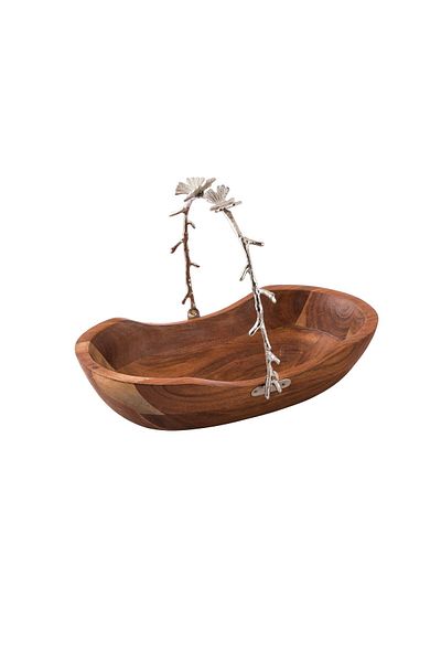 Dania Oval wooden sweet dish with silver handle, size 17 x 30 cm