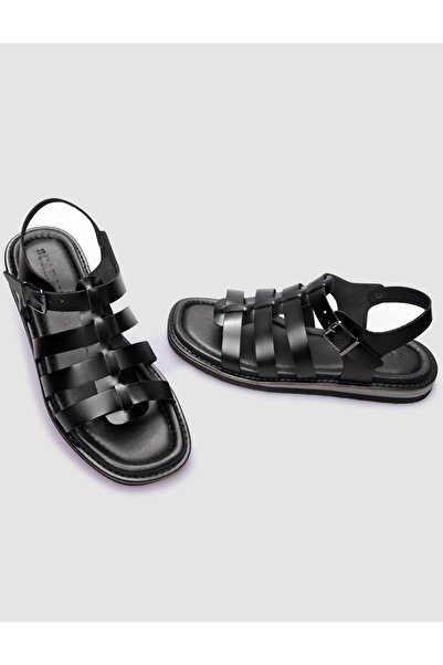 Cabani 100% Genuine Leather Black Buckle Women's Flat Sandals