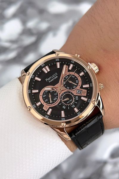 Ferrucci Men's Leather Band Wrist Watch - Functions Active, Rose-Black Zmfer068