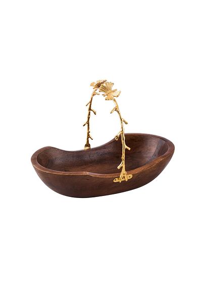 Dania Oval wooden sweet dish with golden handle, size 17 x 30 cm