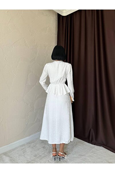 Lady Pixie Jakarlı Gül Broşlu Kruvaze Yaka Pileli Elbise