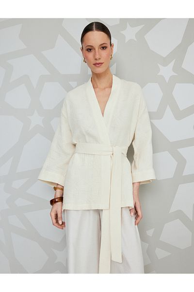 Koton Wide Long Sleeve Textured Kimono with Cotton Belt