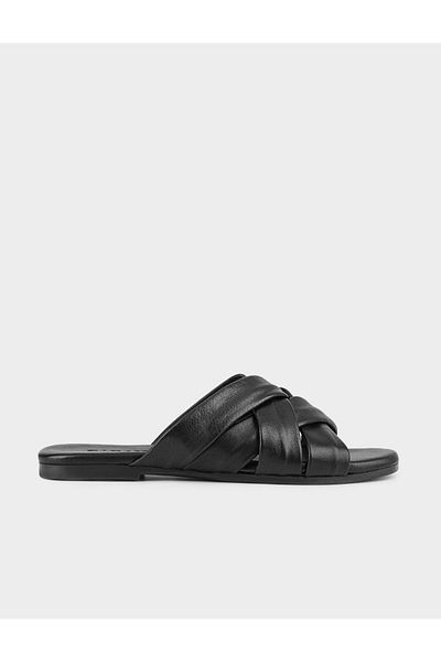 Cabani Genuine Leather Black Women's Slippers with Cross Straps