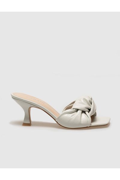 Cabani Genuine Leather Beige Women's Thin Heeled Slippers