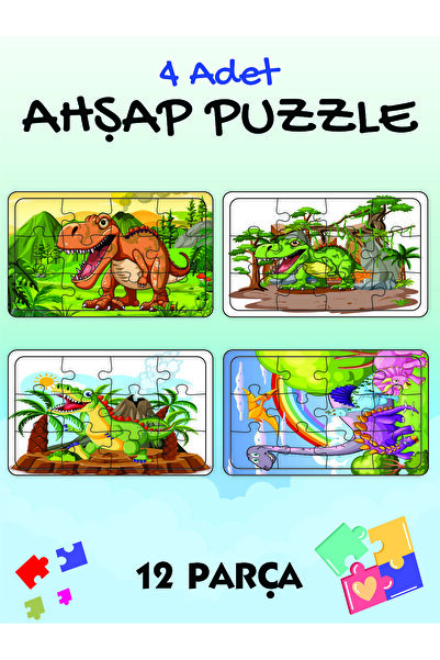 ASE DİZAYN Çocuklar Için Eğitici Ve Öğretici Ahşap Renkli Puzzle(yapboz) Dina...