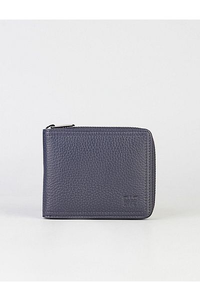 Cabani Navy Blue Men's Genuine Leather Wallet - Zipper Detailed