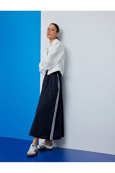 Koton Cotton Side Striped Pocket Midi Length Flared Skirt