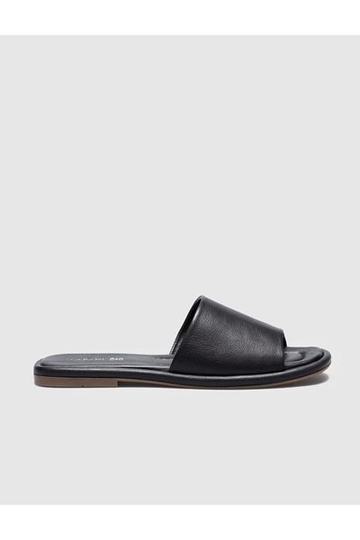 Cabani Genuine Leather Black Women's Flat Slippers