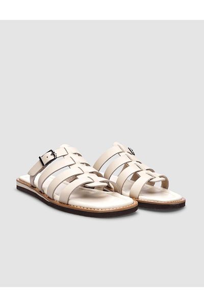 Cabani 100% piele naturală, bej, cu cataramă laterală, papuci plat pentru femei