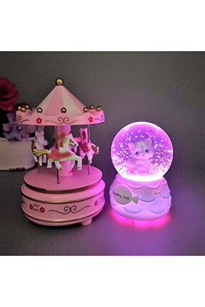 hediyesahibi Sevimli Kedi Işıklı Müzikli Orta Boy Kar Küresi Atlı Karınca Müzik Kutusu
