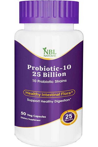NBL Natural بروبيوتيك-10، 25 مليار، مع 10 سلالات بروبيوتيك، 50 كبسولة نباتية