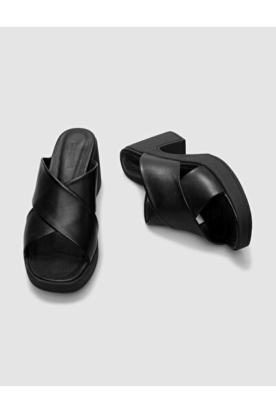 Cabani Γυναικείες παντόφλες με τακούνι 100% γνήσιο δέρμα μαύρες