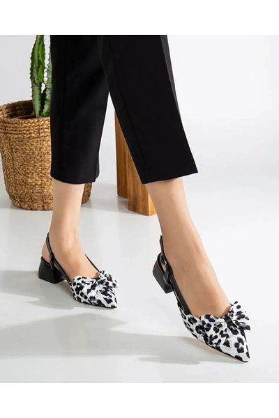 innsteal Leopard Pattern Ribbon Detailed Pointed Toe Block Heeled Women's Shoes