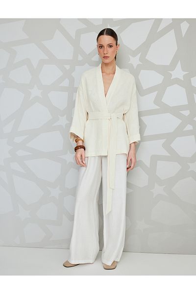 Koton Wide Long Sleeve Textured Kimono with Cotton Belt