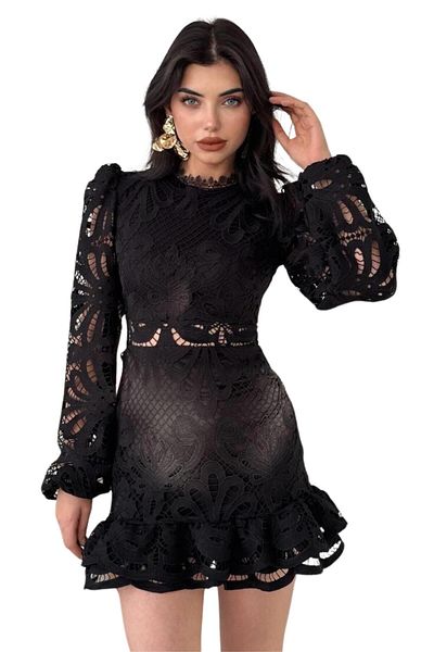 Moda Amore Rochie de damă din dantelă - detaliu din dantelă și broderie, tiv cu volan, mânecă lungă, mărime mini 155