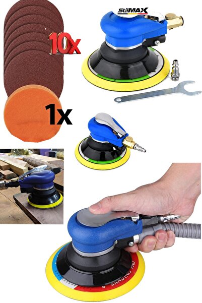 stilmax Oto Kavisli Havalı Orbital Ağaç Metal Yüzey Polisaj Makinesi – 150MM, x10 Zımpara 1x Ped