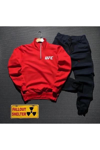 TEXTURA Yeni Sezon Unisex Üç İplik Dik Yaka Yarım Fermuarlı UFC Sweatshirt & Eşofman Altı İkili Set Kombin