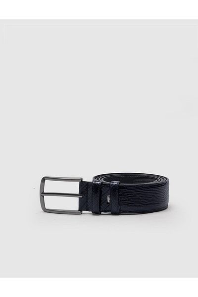 Cabani 100% Genuine Leather Lizard Printed 4 cm Men's Navy Blue Belt