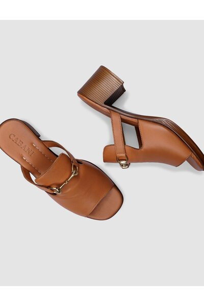 Cabani Papuci de femei cu toc gros, 100% piele naturală, maro