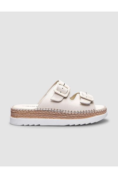 Cabani 100% Genuine Leather Beige Double Buckle Women's Slippers