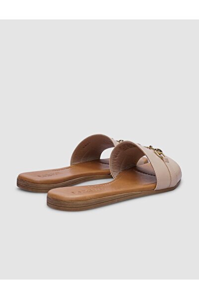 Cabani Genuine Leather Beige Buckle Detailed Women's Slippers
