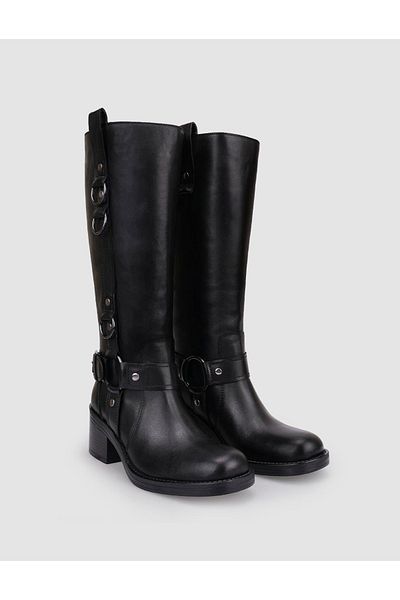 Cabani 100% Genuine Leather Black Buckle Detailed Women's Boots
