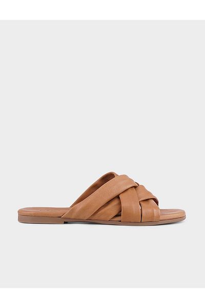 Cabani Genuine Leather Tan Women's Slippers with Cross Straps