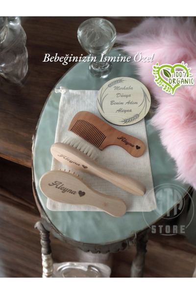 GTA İsme Özel Keçi Kılı Doğal Bebek Saç Fırçası,Bambu,Şimşir Tarak,plaka ve B...