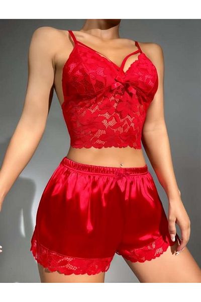 Bleu Petite Red Ribbon Detailed Shorts Pajama Set
