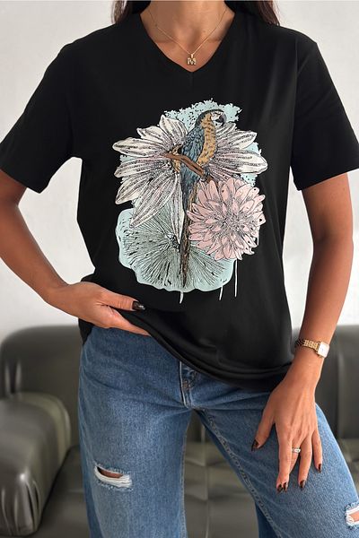 FEMELLE Tricou de damă, negru, cu decolteu în V, cu model papagal, cu paiete brodate, 100% bumbac