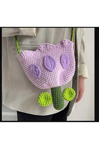 Kadın Girişimciler Atölyesi Pembe&Mor 2'li Lale Desenli Tarz 3D El Emeği Örgü Handmade Niş El Çantası Genç Arkadaş Paketi