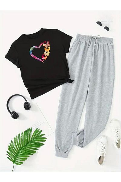 Medinenur Σετ φόρμας Jogger με στάμπα καρδιάς και πεταλούδας - Άνετη εφαρμογή