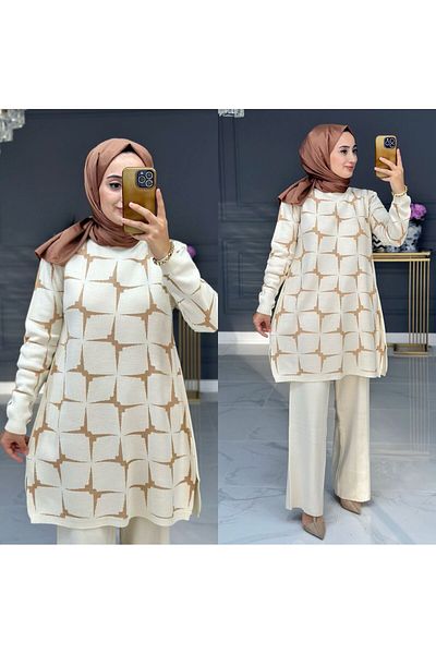 nacar çarşı Women's Long Cycling Neck Knitting Sleeve Cream Star Patterned Tunic Knitting Sweater