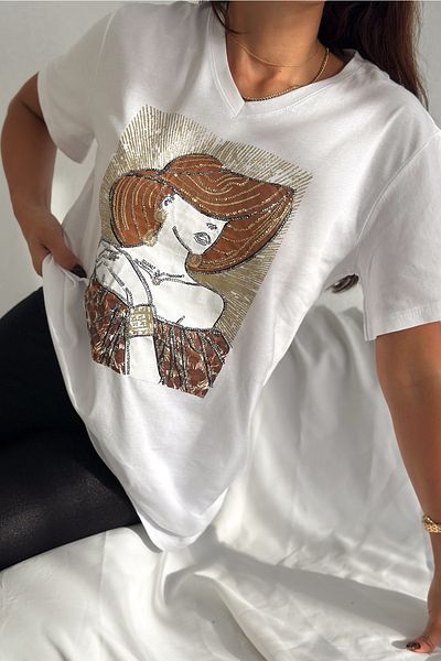FEMELLE Women's White V-Neck Large Size Hat Women's Sequin Sequin Embroidered 100% Cotton T-Shirt