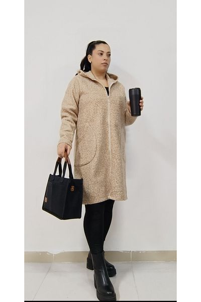 AKŞEN GİYİM Large Size Bucket Fabric 100 cm Size Zip Closure Two Pocket Long Coat
