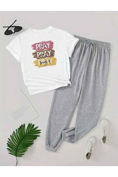Medinenur Pray Text Printed T-shirt Φούτερ Jogger Άνετη φόρμα μαύρη φόρμα
