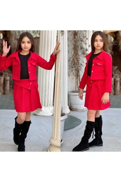 ARBİ kids Girl's Red Quilted Jacket and Skirt Triple Combination Stylish Quality Pattern Eid