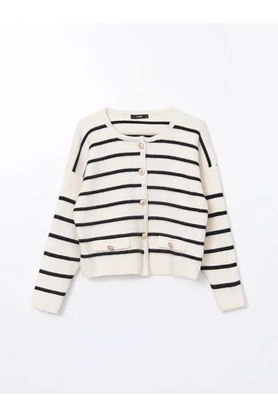 LC Waikiki Lcwaikiki Classic Ecru Crew Neck Striped Women's Knitwear Cardigan