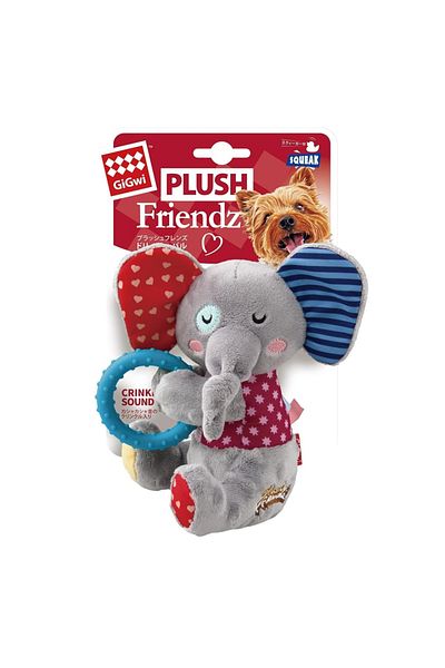 Gigwi لعبة الكلب مع حلقة مضغ من القطيفة على شكل فيل من Plush Friendz