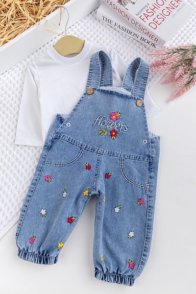 Babymod Baby Girl Floral Embroidered Cotton 2-Piece Denim Stylish Jeans Overalls Set