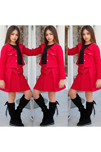 ARBİ kids Girl's Red Quilted Jacket and Skirt Triple Combination Stylish Quality Pattern Eid