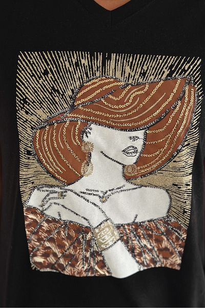 FEMELLE Tricou de damă, negru, cu decolteu în V, cu pălărie de mărime mare, cu paiete brodate, 100% bumbac