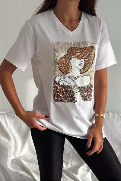 FEMELLE Women's White V-Neck Large Size Hat Women's Sequin Sequin Embroidered 100% Cotton T-Shirt