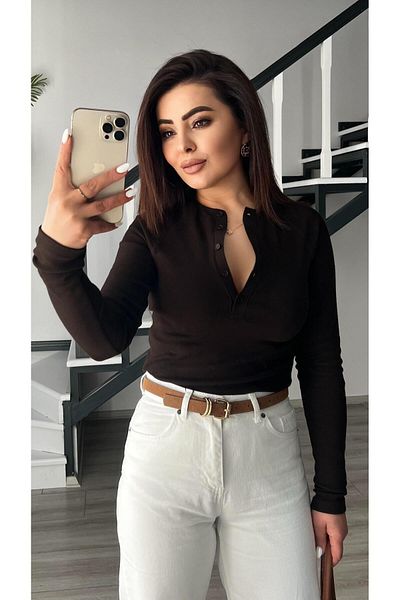 Oslove Bitter Brown Ribbed Italian Sleeve Blouse